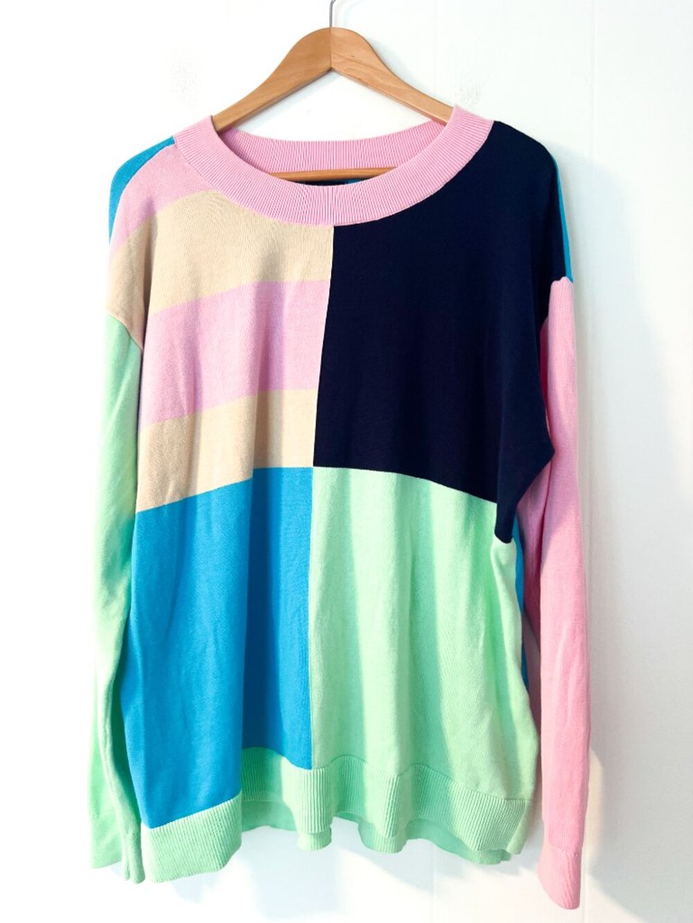 Lands' End Pastel Color Block Boxy Sweater Relaxed Fit Crewneck Large - Picture 3 of 10